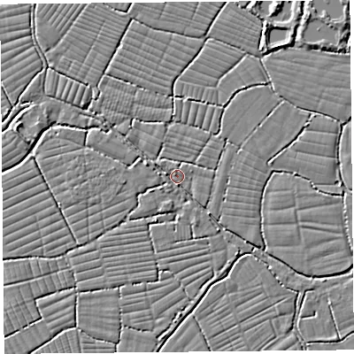 Shaded relief map of the ground around BS216XJ, computed from Environment Agency LiDAR. The ground here sits at about 6 m above sea level and falls 3 m across the surrounding 800 m. Surface water reaching this point runs off ground lying to the west-south-west, 1.9 m higher.