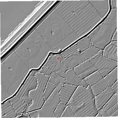 Shaded relief map of the ground around BS216XL, computed from Environment Agency LiDAR. The ground here sits at about 6 m above sea level and falls 7 m across the surrounding 800 m. Surface water reaching this point runs off ground lying to the east-north-east, 1.1 m higher.