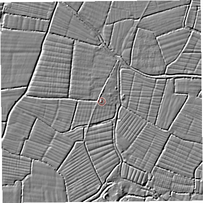 Shaded relief map of the ground around BS216XN, computed from Environment Agency LiDAR. The ground here sits at about 6 m above sea level and falls 3 m across the surrounding 800 m. Surface water reaching this point runs off ground lying to the north, 1.8 m higher.
