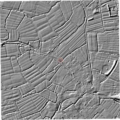 Shaded relief map of the ground around BS216XP, computed from Environment Agency LiDAR. The ground here sits at about 6 m above sea level and falls 5 m across the surrounding 800 m. Surface water reaching this point runs off ground lying to the south-east, 1.8 m higher.