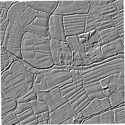 Shaded relief map of the ground around BS216XQ, computed from Environment Agency LiDAR. The ground here sits at about 6 m above sea level and falls 4 m across the surrounding 800 m. Surface water reaching this point runs off ground lying to the north, 1.5 m higher.