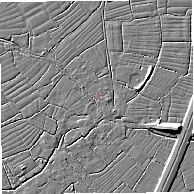 Shaded relief map of the ground around BS216XR, computed from Environment Agency LiDAR. The ground here sits at about 6 m above sea level and falls 9 m across the surrounding 800 m. Surface water reaching this point runs off ground lying to the south-south-west, 1.4 m higher.