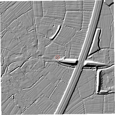 Shaded relief map of the ground around BS216XS, computed from Environment Agency LiDAR. The ground here sits at about 6 m above sea level and falls 9 m across the surrounding 800 m. Surface water reaching this point runs off ground lying to the east-south-east, 8.3 m higher.