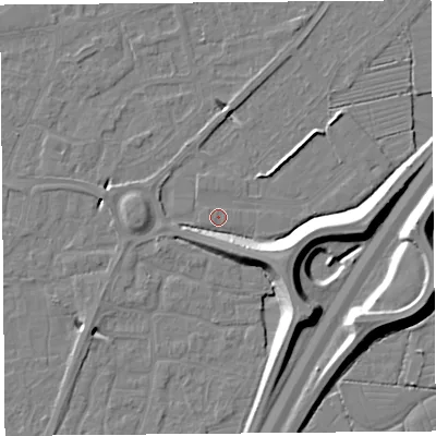 Shaded relief map of the ground around BS216XT, computed from Environment Agency LiDAR. The ground here sits at about 6 m above sea level and falls 11 m across the surrounding 800 m. Surface water reaching this point runs off ground lying to the south-east, 9.1 m higher.