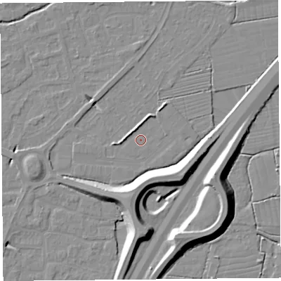 Shaded relief map of the ground around BS216XU, computed from Environment Agency LiDAR. The ground here sits at about 6 m above sea level and falls 11 m across the surrounding 800 m. Surface water reaching this point runs off ground lying to the north-north-west, 2.4 m higher.
