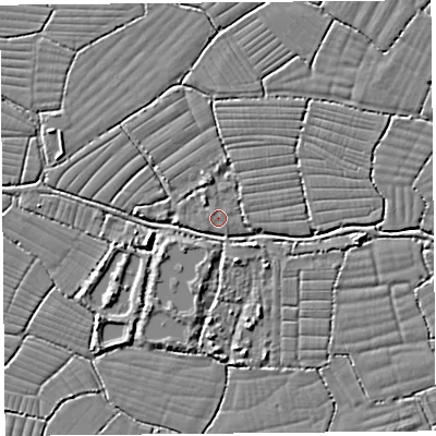 Shaded relief map of the ground around BS216XW, computed from Environment Agency LiDAR. The ground here sits at about 6 m above sea level and falls 3 m across the surrounding 800 m. Surface water reaching this point runs off ground lying to the north-west, 0.6 m higher.