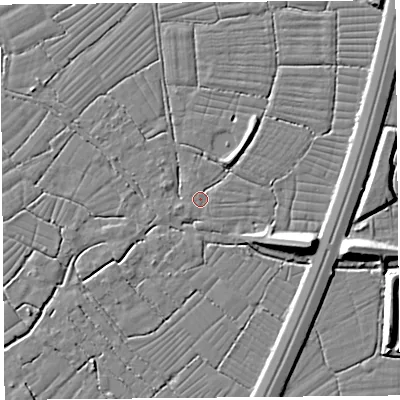 Shaded relief map of the ground around BS216XY, computed from Environment Agency LiDAR. The ground here sits at about 6 m above sea level and falls 9 m across the surrounding 800 m. Surface water reaching this point runs off ground lying to the east-north-east, 1.6 m higher.
