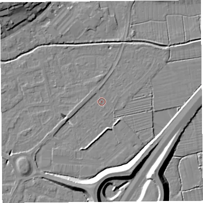 Shaded relief map of the ground around BS216YA, computed from Environment Agency LiDAR. The ground here sits at about 6 m above sea level and falls 13 m across the surrounding 800 m. Surface water reaching this point runs off ground lying to the west, 0.8 m higher.
