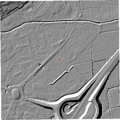 Shaded relief map of the ground around BS216YB, computed from Environment Agency LiDAR. The ground here sits at about 6 m above sea level and falls 12 m across the surrounding 800 m. Surface water reaching this point runs off ground lying to the south, 4.7 m higher.