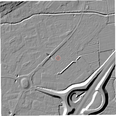 Shaded relief map of the ground around BS216YD, computed from Environment Agency LiDAR. The ground here sits at about 6 m above sea level and falls 11 m across the surrounding 800 m. Surface water reaching this point runs off ground lying to the south-east, 2.7 m higher.