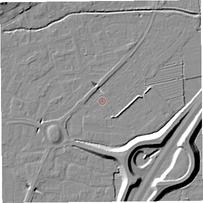 Shaded relief map of the ground around BS216YE, computed from Environment Agency LiDAR. The ground here sits at about 6 m above sea level and falls 11 m across the surrounding 800 m. Surface water reaching this point runs off ground lying to the east, 3.3 m higher.