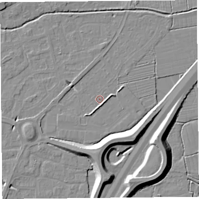 Shaded relief map of the ground around BS216YF, computed from Environment Agency LiDAR. The ground here sits at about 6 m above sea level and falls 11 m across the surrounding 800 m. Surface water reaching this point runs off ground lying to the east-south-east, 2.7 m higher.
