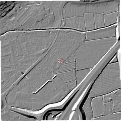 Shaded relief map of the ground around BS216YG, computed from Environment Agency LiDAR. The ground here sits at about 6 m above sea level and falls 14 m across the surrounding 800 m. Surface water reaching this point runs off ground lying to the south, 10.6 m higher.