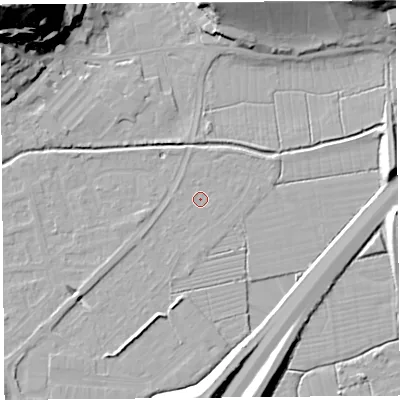 Shaded relief map of the ground around BS216YH, computed from Environment Agency LiDAR. The ground here sits at about 6 m above sea level and falls 49 m across the surrounding 800 m. Surface water reaching this point runs off ground lying to the south-west, 3.2 m higher.