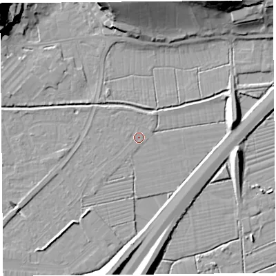 Shaded relief map of the ground around BS216YJ, computed from Environment Agency LiDAR. The ground here sits at about 6 m above sea level and falls 27 m across the surrounding 800 m. Surface water reaching this point runs off ground lying to the south-west, 3.2 m higher.