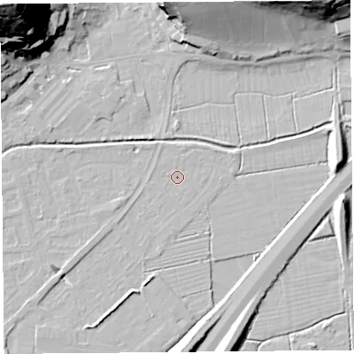 Shaded relief map of the ground around BS216YL, computed from Environment Agency LiDAR. The ground here sits at about 6 m above sea level and falls 57 m across the surrounding 800 m. Surface water reaching this point runs off ground lying to the south-west, 3.2 m higher.
