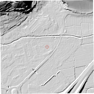 Shaded relief map of the ground around BS216YP, computed from Environment Agency LiDAR. The ground here sits at about 6 m above sea level and falls 54 m across the surrounding 800 m. Surface water reaching this point runs off ground lying to the south-south-west, 1.1 m higher.