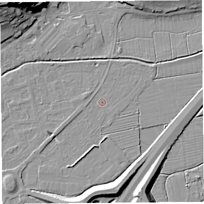 Shaded relief map of the ground around BS216YQ, computed from Environment Agency LiDAR. The ground here sits at about 6 m above sea level and falls 27 m across the surrounding 800 m. Surface water reaching this point runs off ground lying to the south-west, 3.2 m higher.