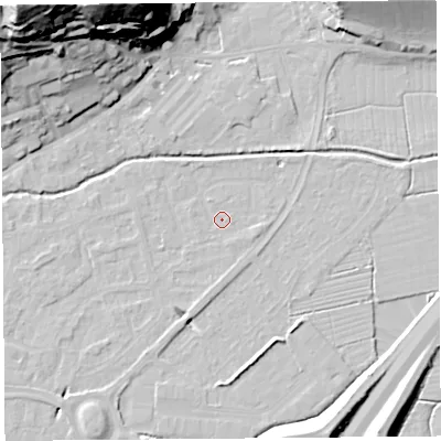 Shaded relief map of the ground around BS216YR, computed from Environment Agency LiDAR. The ground here sits at about 6 m above sea level and falls 44 m across the surrounding 800 m. Surface water reaching this point runs off ground lying to the south, 1.1 m higher.