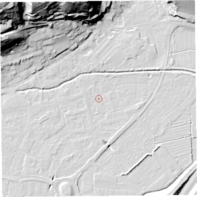 Shaded relief map of the ground around BS216YS, computed from Environment Agency LiDAR. The ground here sits at about 6 m above sea level and falls 56 m across the surrounding 800 m. Surface water reaching this point runs off ground lying to the south-south-west, 3.3 m higher.