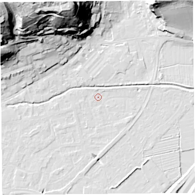 Shaded relief map of the ground around BS216YT, computed from Environment Agency LiDAR. The ground here sits at about 6 m above sea level and falls 58 m across the surrounding 800 m. Surface water reaching this point runs off ground lying to the south-south-west, 3.2 m higher.