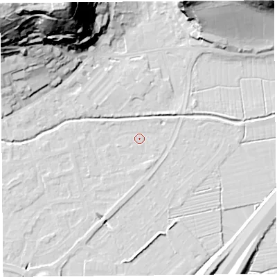 Shaded relief map of the ground around BS216YW, computed from Environment Agency LiDAR. The ground here sits at about 6 m above sea level and falls 58 m across the surrounding 800 m. Surface water reaching this point runs off ground lying to the south-south-west, 3.2 m higher.