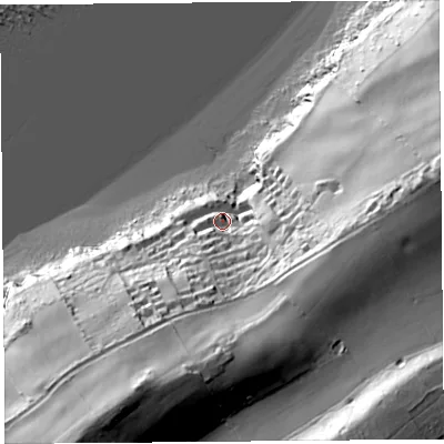 Shaded relief map of the ground around BS217AX, computed from Environment Agency LiDAR. The ground here sits at about 21 m above sea level and falls 81 m across the surrounding 800 m. Surface water reaching this point runs off ground lying to the south-south-west, 52.4 m higher.