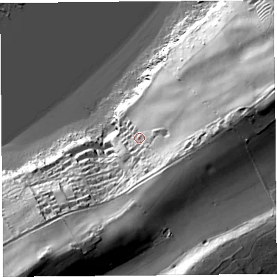 Shaded relief map of the ground around BS217AY, computed from Environment Agency LiDAR. The ground here sits at about 30 m above sea level and falls 84 m across the surrounding 800 m. Surface water reaching this point runs off ground lying to the east-south-east, 37.4 m higher.