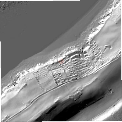 Shaded relief map of the ground around BS217FR, computed from Environment Agency LiDAR. The ground here sits at about 19 m above sea level and falls 82 m across the surrounding 800 m. Surface water reaching this point runs off ground lying to the south, 41.4 m higher.