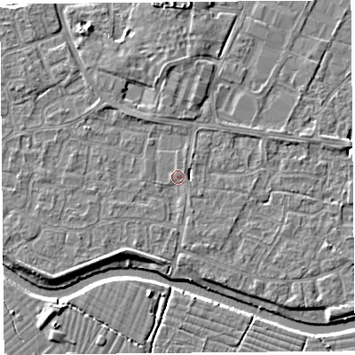 Shaded relief map of the ground around BS217FS, computed from Environment Agency LiDAR. The ground here sits at about 6 m above sea level and falls 5 m across the surrounding 800 m. Surface water reaching this point runs off ground lying to the north-west, 1.3 m higher.