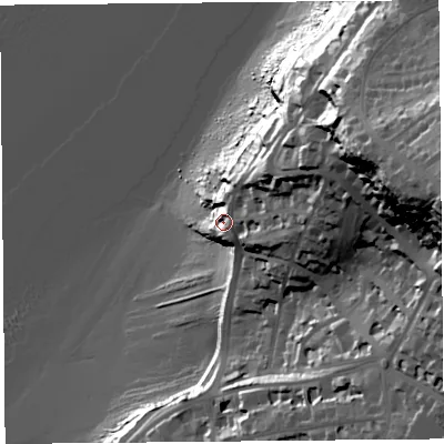Shaded relief map of the ground around BS217FU, computed from Environment Agency LiDAR. The ground here sits at about 13 m above sea level and falls 72 m across the surrounding 800 m. Surface water reaching this point runs off ground lying to the east-north-east, 36.2 m higher.