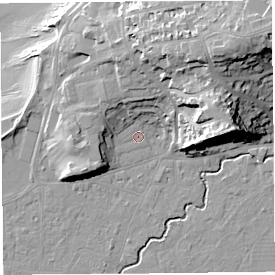 Shaded relief map of the ground around BS217GA, computed from Environment Agency LiDAR. The ground here sits at about 7 m above sea level and falls 37 m across the surrounding 800 m. Surface water reaching this point runs off ground lying to the north-east, 24.7 m higher.