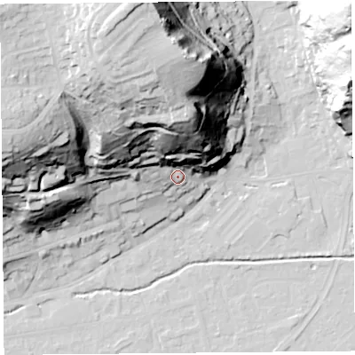 Shaded relief map of the ground around BS217LR, computed from Environment Agency LiDAR. The ground here sits at about 16 m above sea level and falls 75 m across the surrounding 800 m. Surface water reaching this point runs off ground lying to the north, 48.6 m higher.