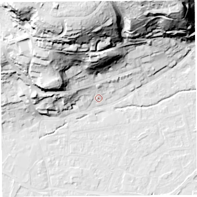 Shaded relief map of the ground around BS217LS, computed from Environment Agency LiDAR. The ground here sits at about 8 m above sea level and falls 63 m across the surrounding 800 m. Surface water reaching this point runs off ground lying to the north-west, 41.0 m higher.
