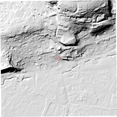 Shaded relief map of the ground around BS217NL, computed from Environment Agency LiDAR. The ground here sits at about 10 m above sea level and falls 61 m across the surrounding 800 m. Surface water reaching this point runs off ground lying to the north, 16.7 m higher.