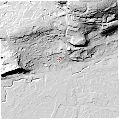 Shaded relief map of the ground around BS217NN, computed from Environment Agency LiDAR. The ground here sits at about 10 m above sea level and falls 61 m across the surrounding 800 m. Surface water reaching this point runs off ground lying to the north-north-east, 56.0 m higher.