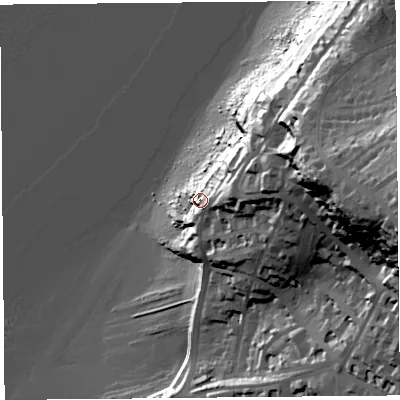 Shaded relief map of the ground around BS217QS, computed from Environment Agency LiDAR. The ground here sits at about 18 m above sea level and falls 74 m across the surrounding 800 m. Surface water reaching this point runs off ground lying to the east, 18.4 m higher.