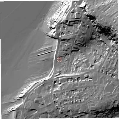 Shaded relief map of the ground around BS217QU, computed from Environment Agency LiDAR. The ground here sits at about 10 m above sea level and falls 75 m across the surrounding 800 m. Surface water reaching this point runs off ground lying to the east-north-east, 58.6 m higher.