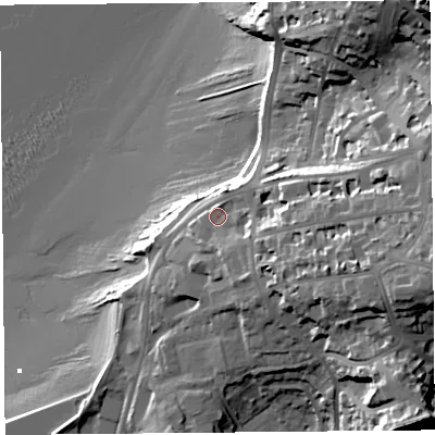 Shaded relief map of the ground around BS217QZ, computed from Environment Agency LiDAR. The ground here sits at about 17 m above sea level and falls 54 m across the surrounding 800 m. Surface water reaching this point runs off ground lying to the east-south-east, 14.8 m higher.