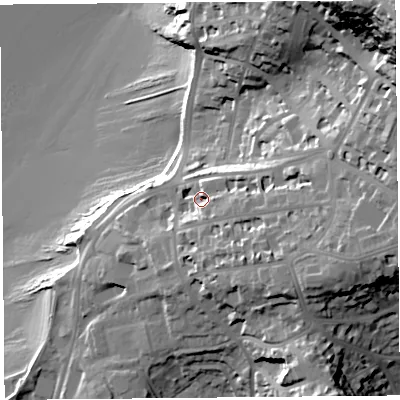 Shaded relief map of the ground around BS217RF, computed from Environment Agency LiDAR. The ground here sits at about 18 m above sea level and falls 74 m across the surrounding 800 m. Surface water reaching this point runs off ground lying to the east-south-east, 18.6 m higher.
