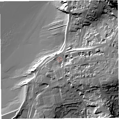 Shaded relief map of the ground around BS217RG, computed from Environment Agency LiDAR. The ground here sits at about 17 m above sea level and falls 68 m across the surrounding 800 m. Surface water reaching this point runs off ground lying to the east-south-east, 14.3 m higher.