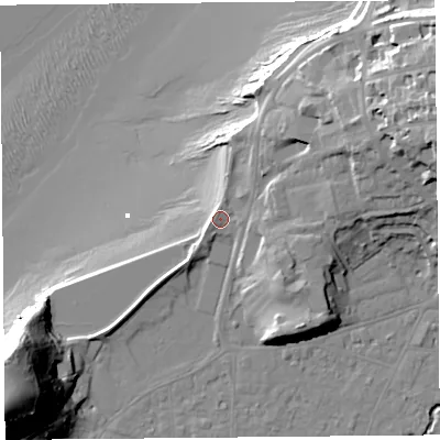 Shaded relief map of the ground around BS217RH, computed from Environment Agency LiDAR. The ground here sits at about 9 m above sea level and falls 45 m across the surrounding 800 m. Surface water reaching this point runs off ground lying to the north-east, 6.4 m higher.