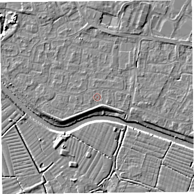 Shaded relief map of the ground around BS217SS, computed from Environment Agency LiDAR. The ground here sits at about 6 m above sea level and falls 4 m across the surrounding 800 m. Surface water reaching this point runs off ground lying to the south-south-east, 1.5 m higher.