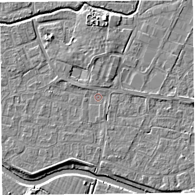 Shaded relief map of the ground around BS217SX, computed from Environment Agency LiDAR. The ground here sits at about 6 m above sea level and falls 5 m across the surrounding 800 m. Surface water reaching this point runs off ground lying to the north-west, 0.7 m higher.