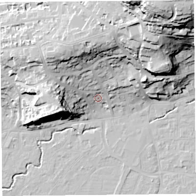 Shaded relief map of the ground around BS217TH, computed from Environment Agency LiDAR. The ground here sits at about 11 m above sea level and falls 60 m across the surrounding 800 m. Surface water reaching this point runs off ground lying to the north-north-east, 27.1 m higher.