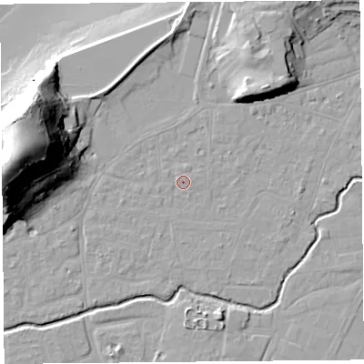 Shaded relief map of the ground around BS217TP, computed from Environment Agency LiDAR. The ground here sits at about 6 m above sea level and falls 43 m across the surrounding 800 m. Surface water reaching this point runs off ground lying to the west-north-west, 0.7 m higher.