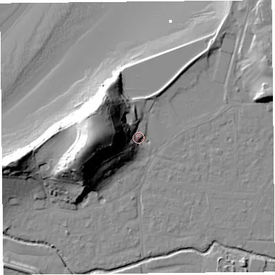 Shaded relief map of the ground around BS217TR, computed from Environment Agency LiDAR. The ground here sits at about 9 m above sea level and falls 45 m across the surrounding 800 m. Surface water reaching this point runs off ground lying to the west, 32.7 m higher.