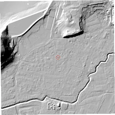 Shaded relief map of the ground around BS217TS, computed from Environment Agency LiDAR. The ground here sits at about 6 m above sea level and falls 41 m across the surrounding 800 m. Surface water reaching this point runs off ground lying to the north, 0.9 m higher.