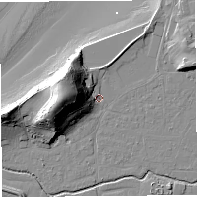 Shaded relief map of the ground around BS217TT, computed from Environment Agency LiDAR. The ground here sits at about 7 m above sea level and falls 45 m across the surrounding 800 m. Surface water reaching this point runs off ground lying to the west, 33.5 m higher.