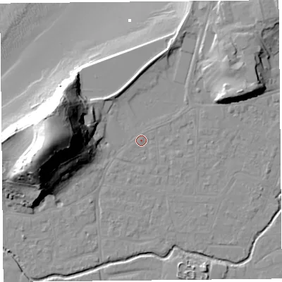 Shaded relief map of the ground around BS217TU, computed from Environment Agency LiDAR. The ground here sits at about 6 m above sea level and falls 44 m across the surrounding 800 m. Surface water reaching this point runs off ground lying to the east-north-east, 10.7 m higher.